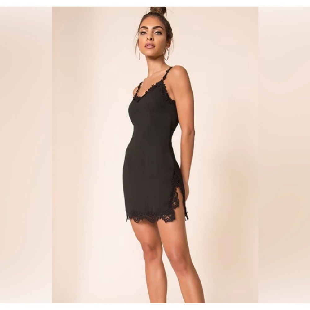 Superdown Bleu Mini Slip Dress Black Lace Trim   Strappy Side Slit Small NWT